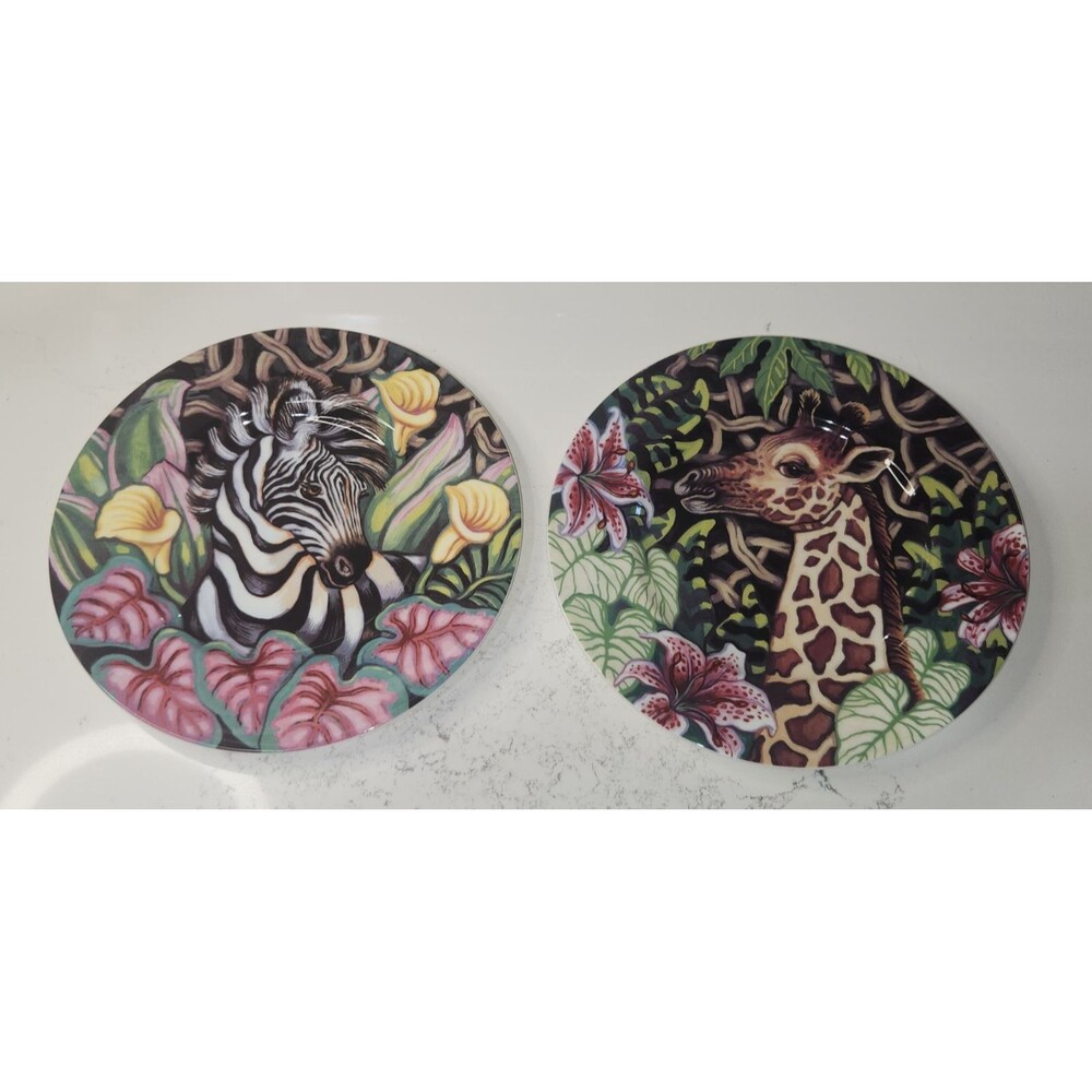 Pair Of Fitz And Floyd Exotic Jungle Plates Zebra Giraffe 9.25" Bone China Set 2